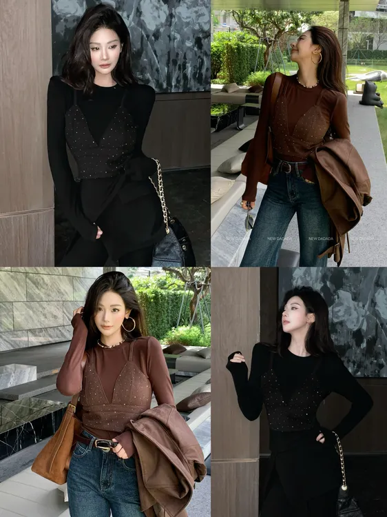 利达 NEW DADADA 法式复古小众内搭修身显瘦气质长袖上衣QUM2059