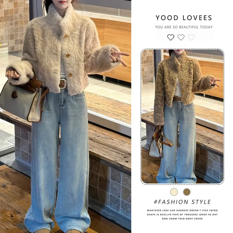 极简风洋气立领短款加厚保暖毛毛外套女秋冬2025新款今年流行上衣