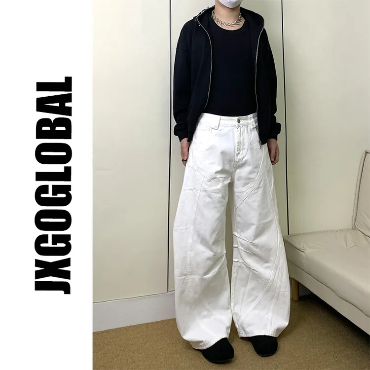 JXGOGLOBAL白色阔腿牛仔裤男女男女宽松垂感高休闲弯刀工装裤潮
