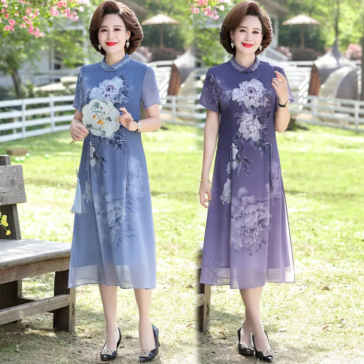 妈妈年夏装改良旗袍国风连衣裙高贵中老年女装仿仿真丝印花裙子