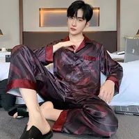 2025年新款男士睡衣春秋季仿真丝长袖开衫可外穿爸爸冰丝家居服男