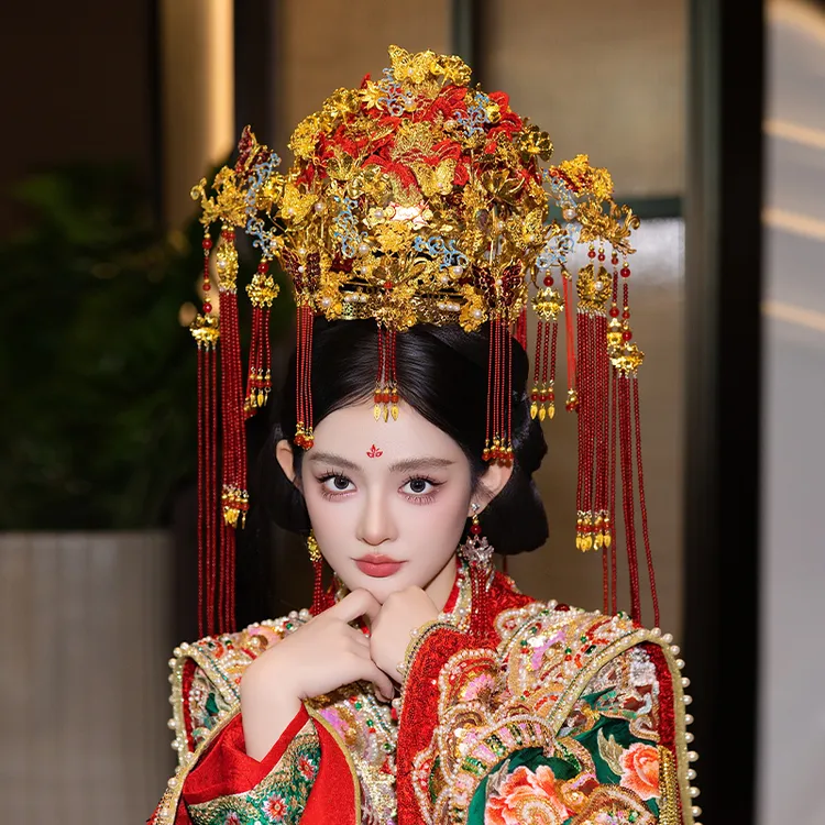 合金婚庆饰品 中式新娘奢华结婚汉服金红色大凤冠纯手工头饰9011