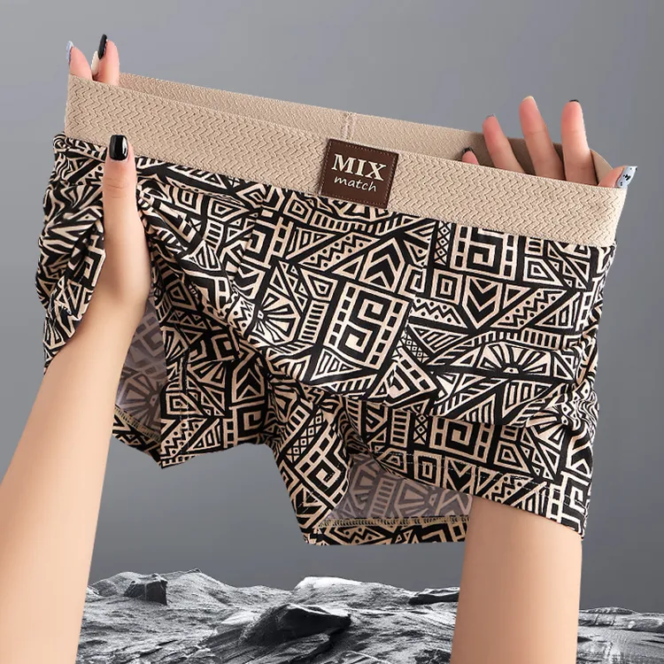 新款美式几何男士内裤棉感舒适透气男生平角裤性感时尚印花四角裤