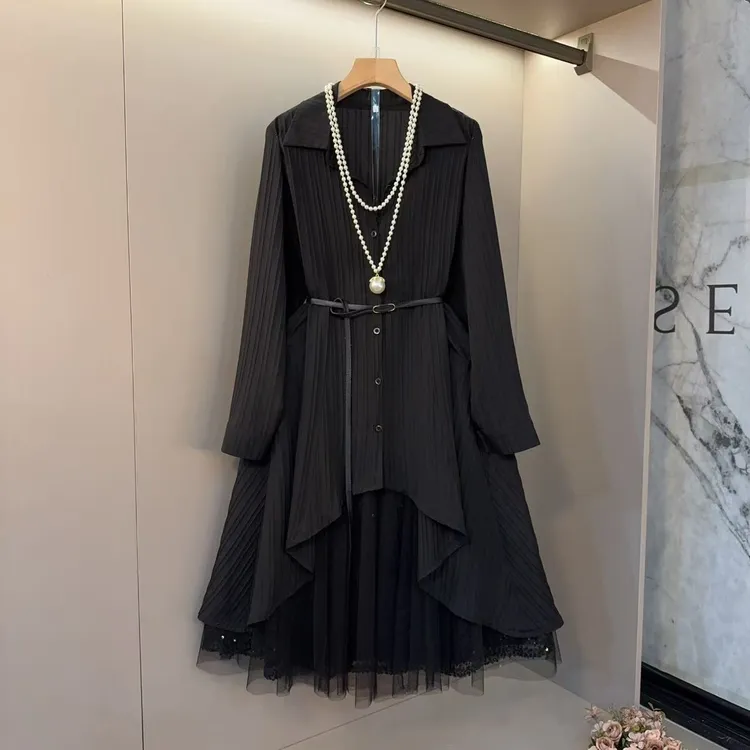 早秋微胖mm显瘦复古长袖中长款衬衫裙百搭气质韩系纱裙两件套2426