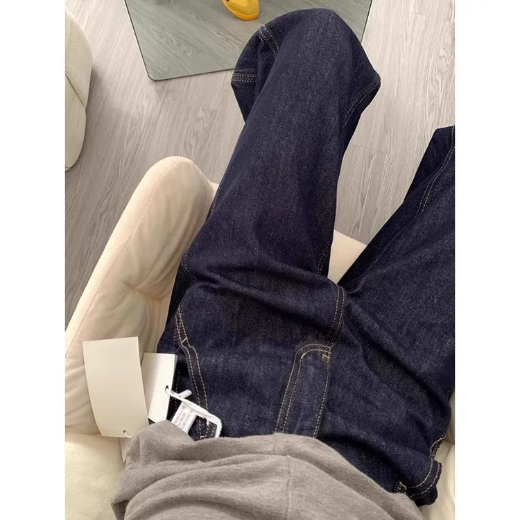 拉夏贝尔丹宁深蓝色窄版直筒牛仔裤女秋季宽松百搭垂感阔腿拖地裤