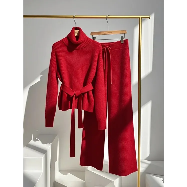 韩系小众高领绑带毛衣超好看秋冬款外穿简约阔腿裤ins风套装