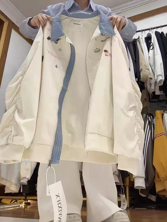 美式复古可爱狗狗刺绣假两件开衫外套女春秋季宽松休闲棒球服夹克