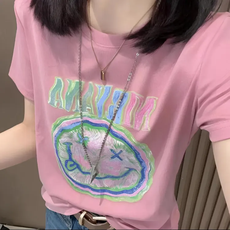 夏季透气笑脸印花圆领短袖女T恤2025新款休闲百搭洋气冰凉上衣