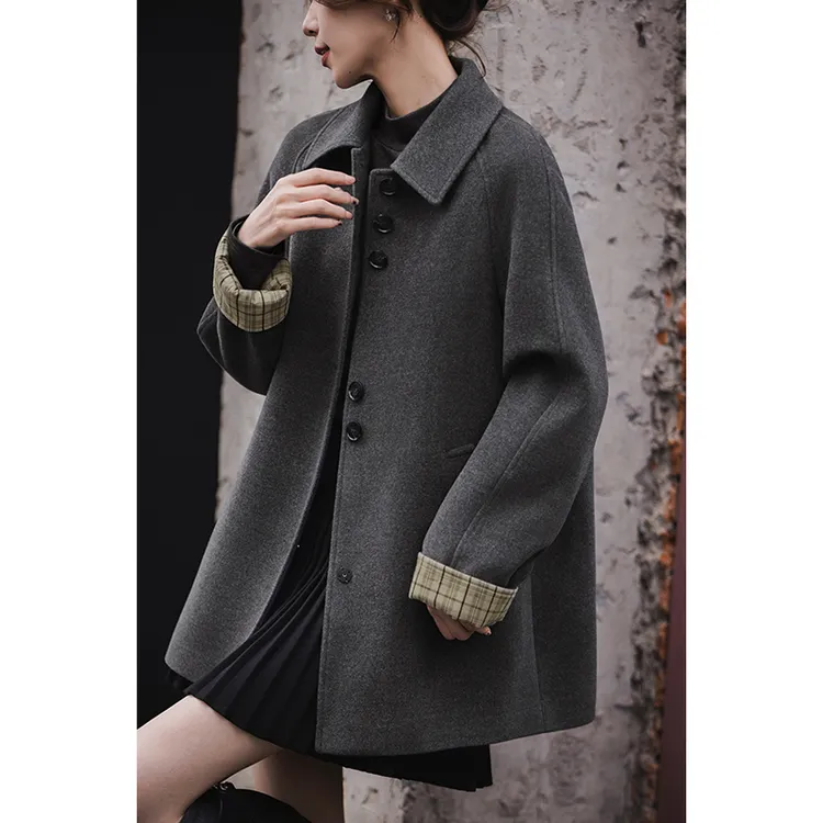 小谷粒灰色毛呢外套女2025年冬季新款高级翻领加厚中长款呢子大衣