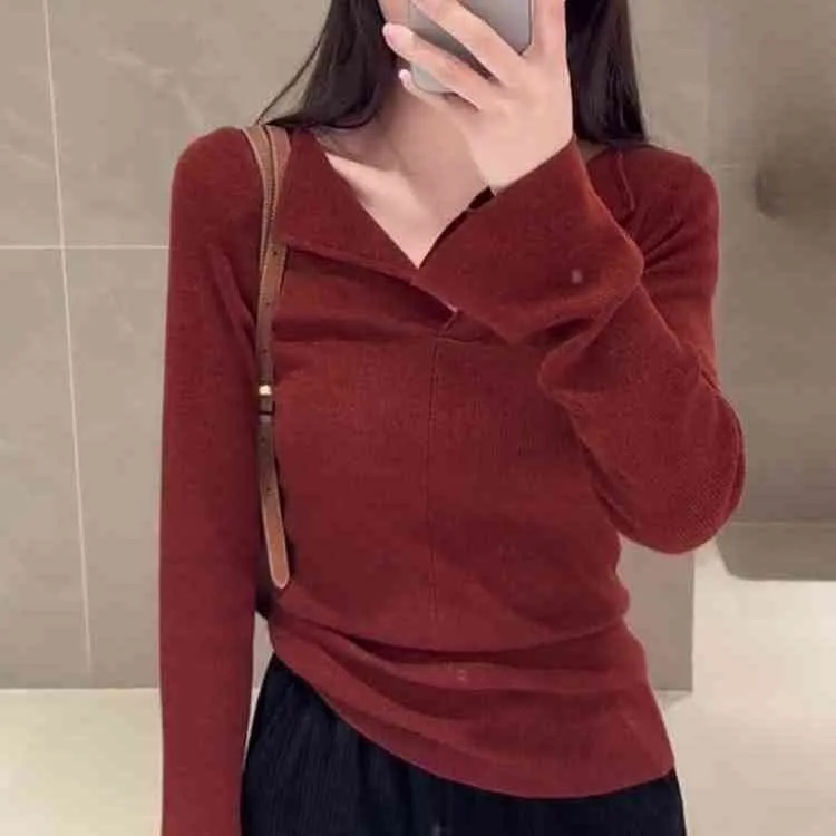 2025爆款半开立领针织衫秋冬喇叭袖个性小众显瘦百搭气质上衣