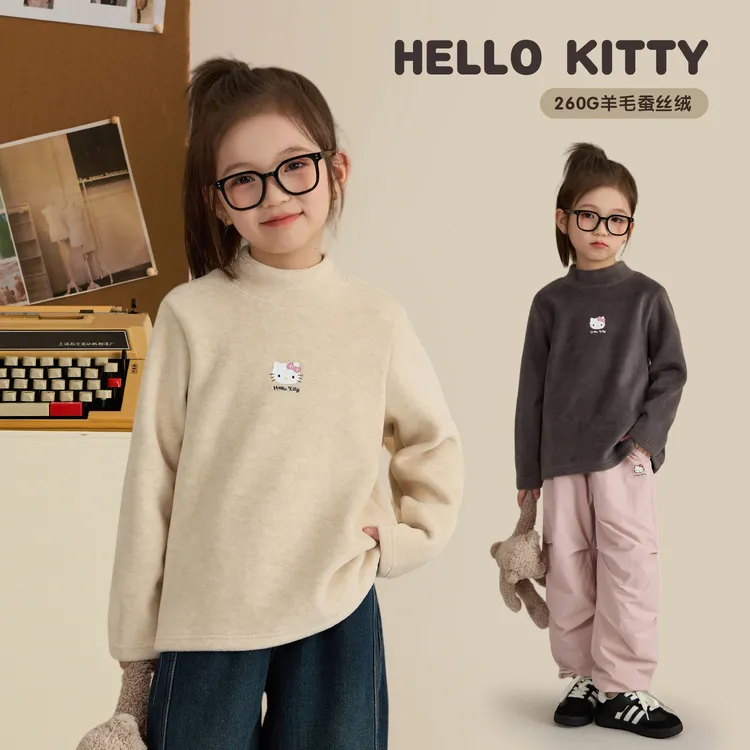 辰辰妈【绒猫】女童kitty半高领T恤加绒保暖儿童套头打底衫8858DH