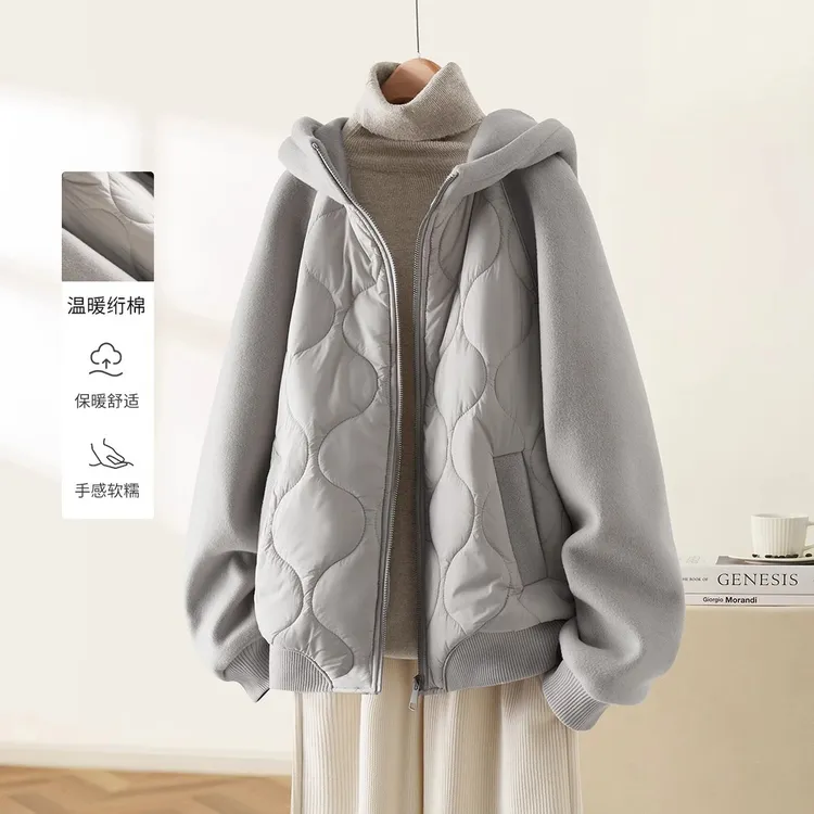 巨好看的冬季拼接夹棉保暖棉服女外穿带帽拉链棉衣慵懒风灰色外套