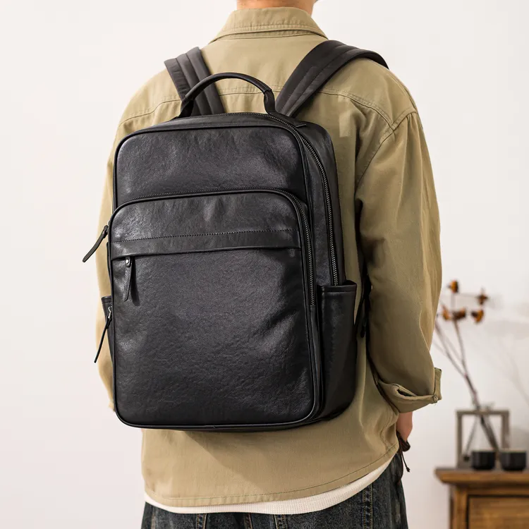 后步新款真皮男士双肩包头层牛皮大容量潮牌百搭电脑背包旅行包男