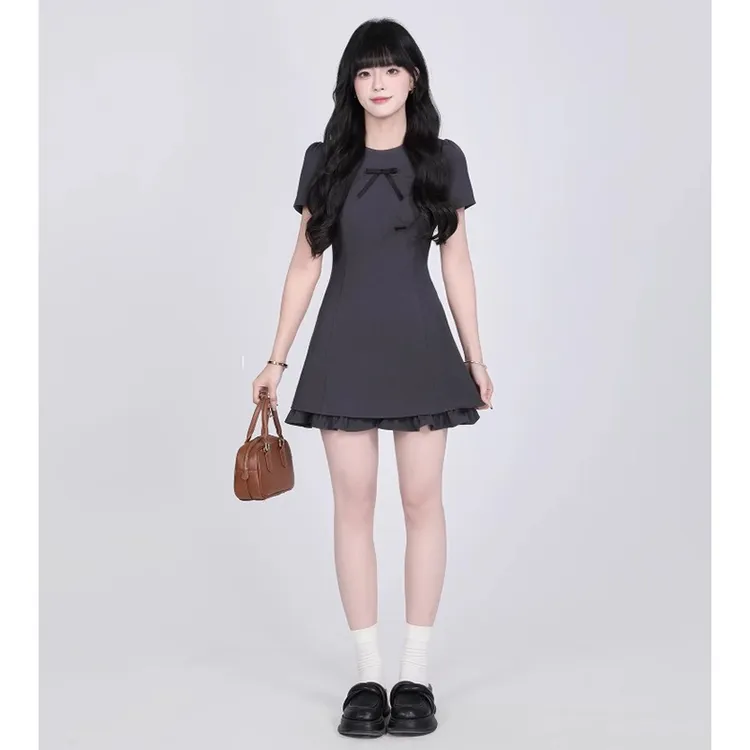 【有里布】法式学院风灰色连衣裙女夏季新小个子气质绝美短裙D1819