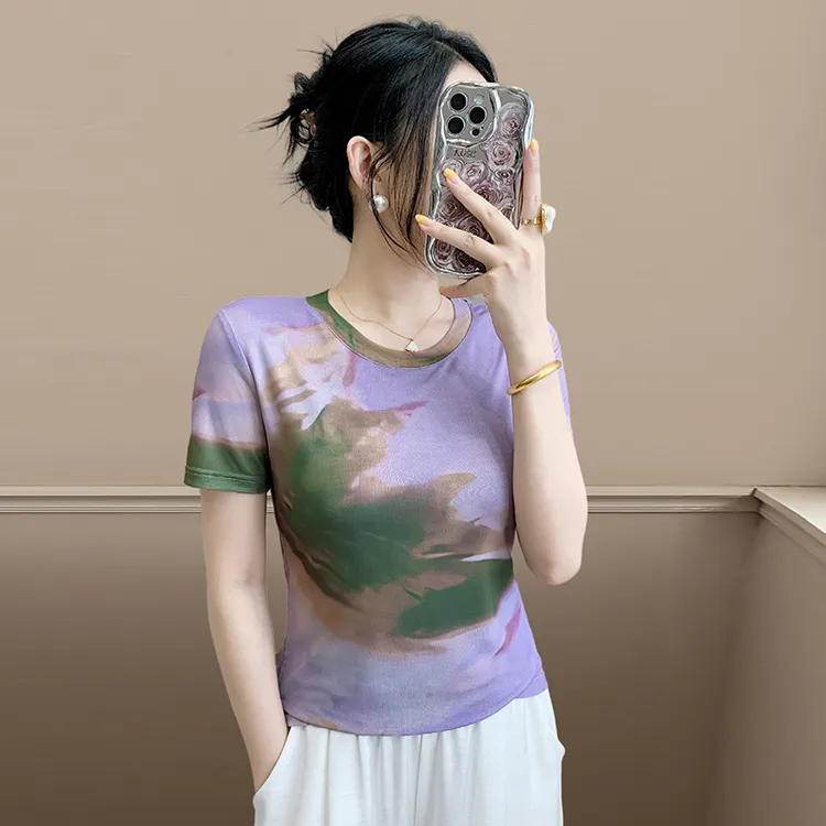 洋气扎染网纱T恤女短袖夏季新款设计感印花修身上衣百搭半袖小衫