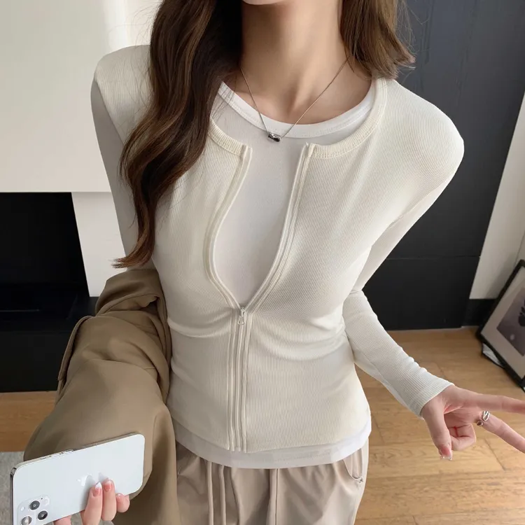 拉链假两件上衣女早秋内搭修身恤条纹小众设计秋冬长袖打底衫