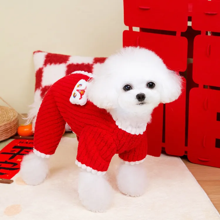 狗狗衣服新年装大红喜庆宠物小狗服装过新年24抽条背开四腿新年装