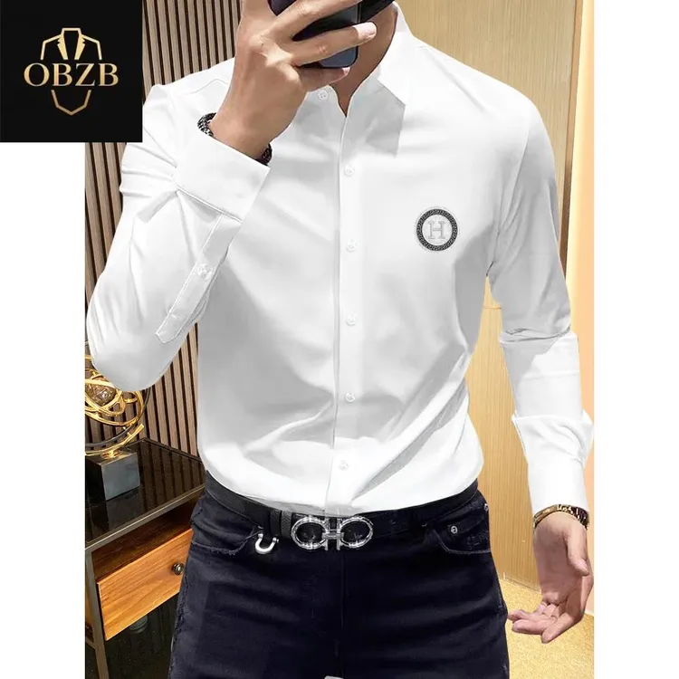 高端商务丝光棉衬衫男士长袖薄款高级感潮流帅气休闲冰丝轻奢衬衣