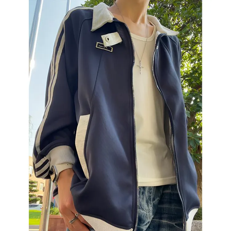 藏蓝色条纹开衫卫衣男春秋美式复古重磅外套潮牌青少年情侣运动服