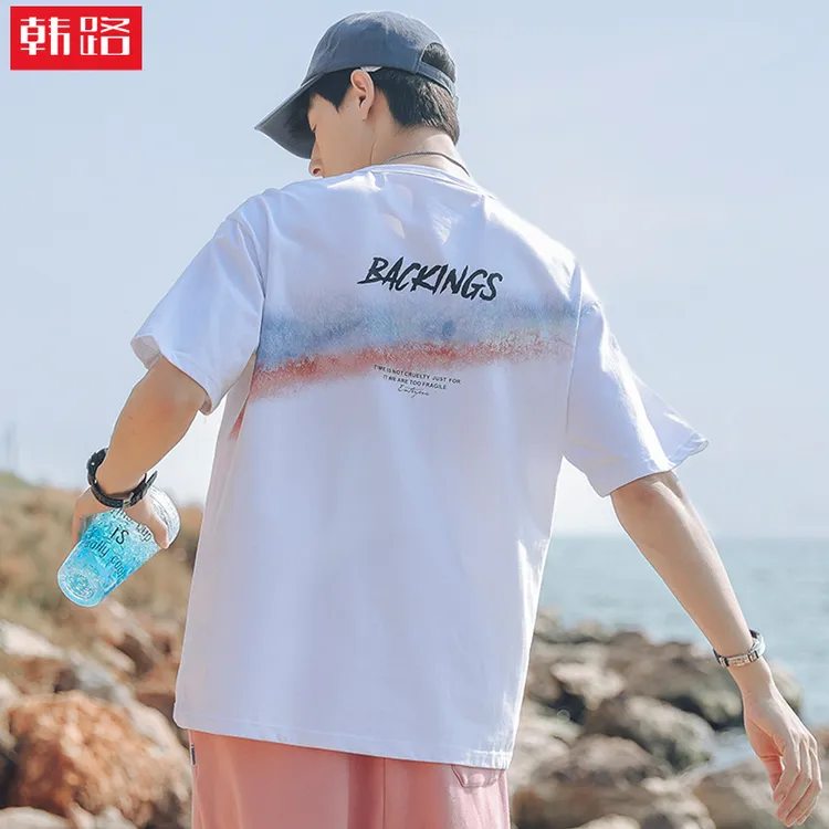 长袖韩路男装 2025夏季新款彩虹印花T恤男纯棉宽松运动短袖体恤