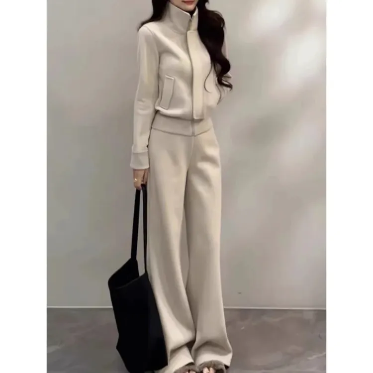 【秋冬穿搭】加绒加厚休闲运动套装女冬季立领外套阔腿裤卫衣两件套