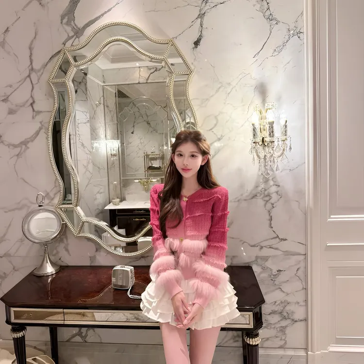 小香风粉色毛衣双色针织开衫外套女秋冬季设计感气质短款毛针织衫