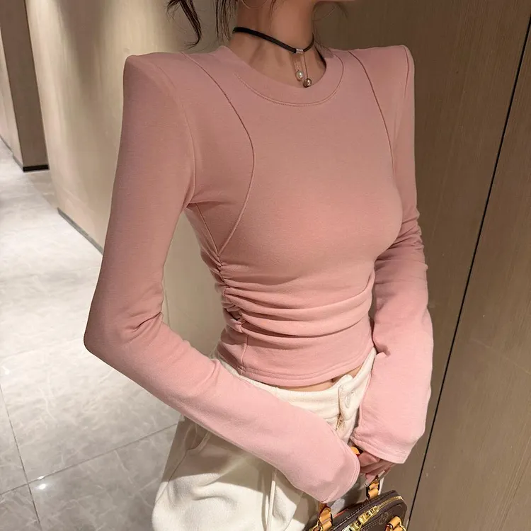 2025秋冬新款韩版设计感修身显瘦圆领长袖T恤女磨打底内搭女长袖