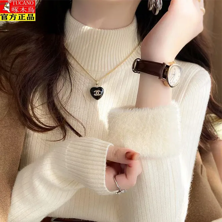 啄木鸟半高领毛衣女冬季一体绒打底衫内搭保暖上衣加绒加厚针织衫
