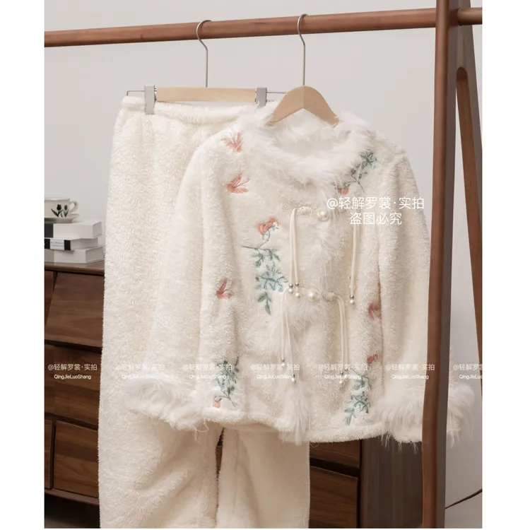 【矜贵美人】新中式刺绣法兰绒秋冬睡衣女国风盘扣加厚可外穿家居服