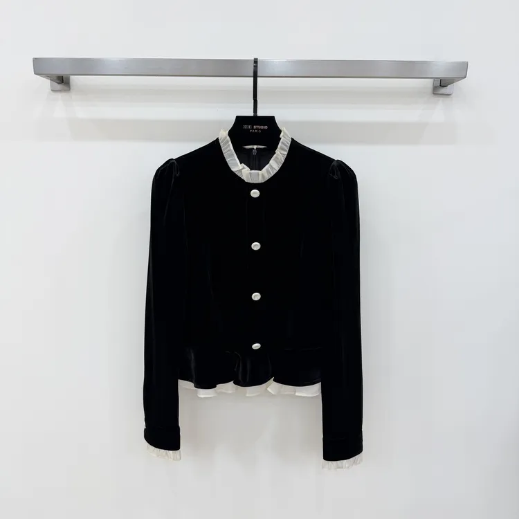 【西西高定】小香风名媛气质优雅花边领丝绒上衣