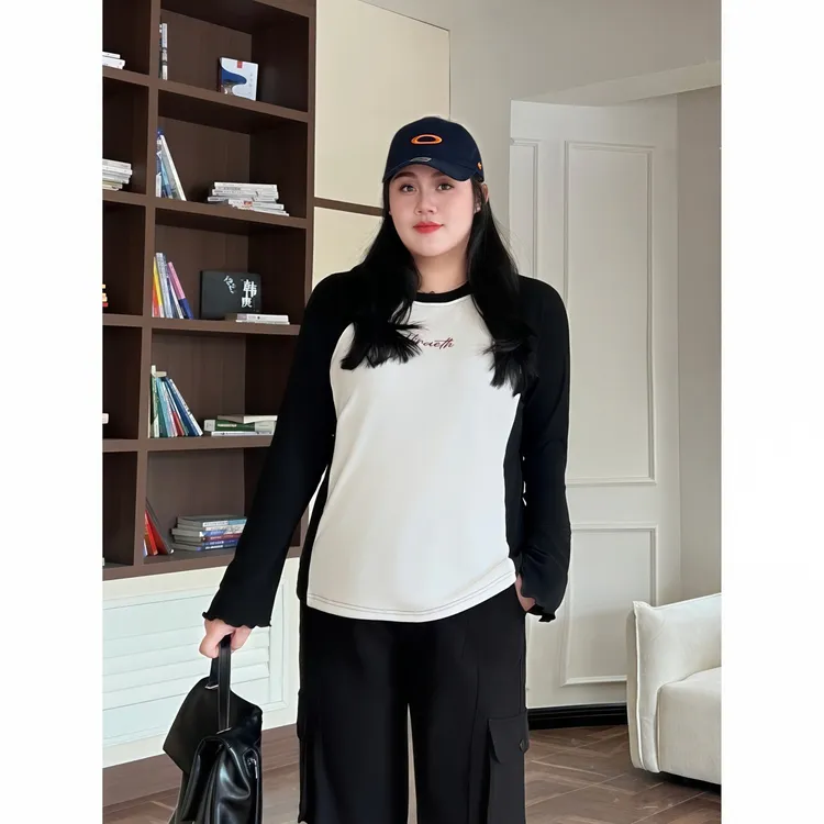 花契“月见桔梗”大码女装冬季显瘦200斤胖mm辣妹撞色T恤15774-F