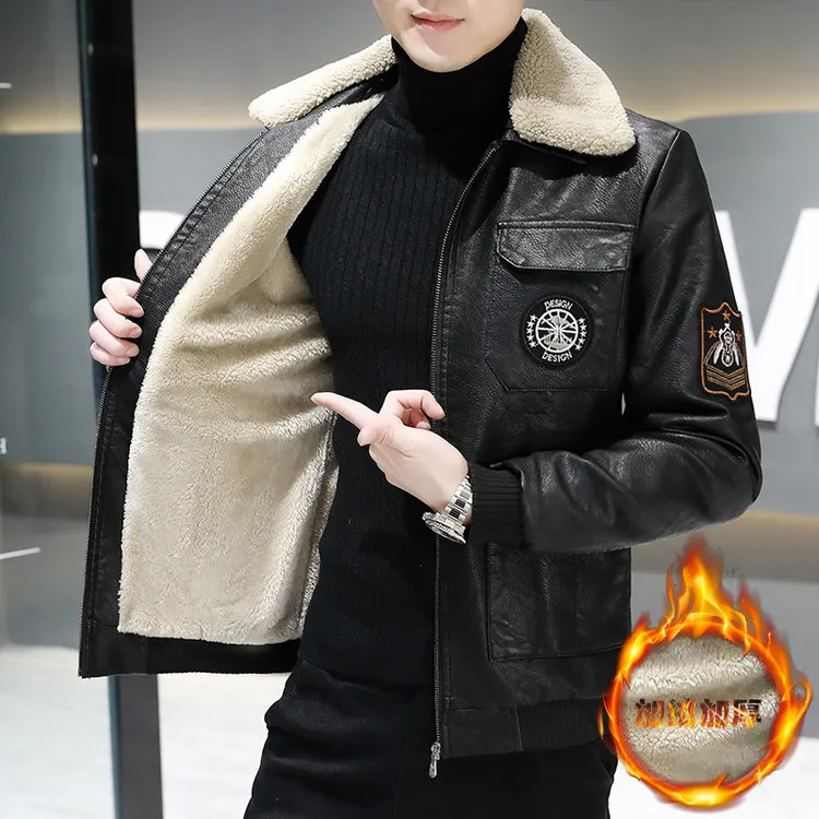 埃卢涅芬冬季新款加绒加厚皮衣男士翻毛领外套飞行员皮毛一体机车