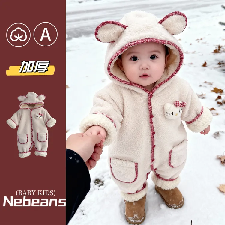 冬季加厚0-2岁保暖婴儿连帽防风哈衣女宝冬天洋气外出衣服爬服