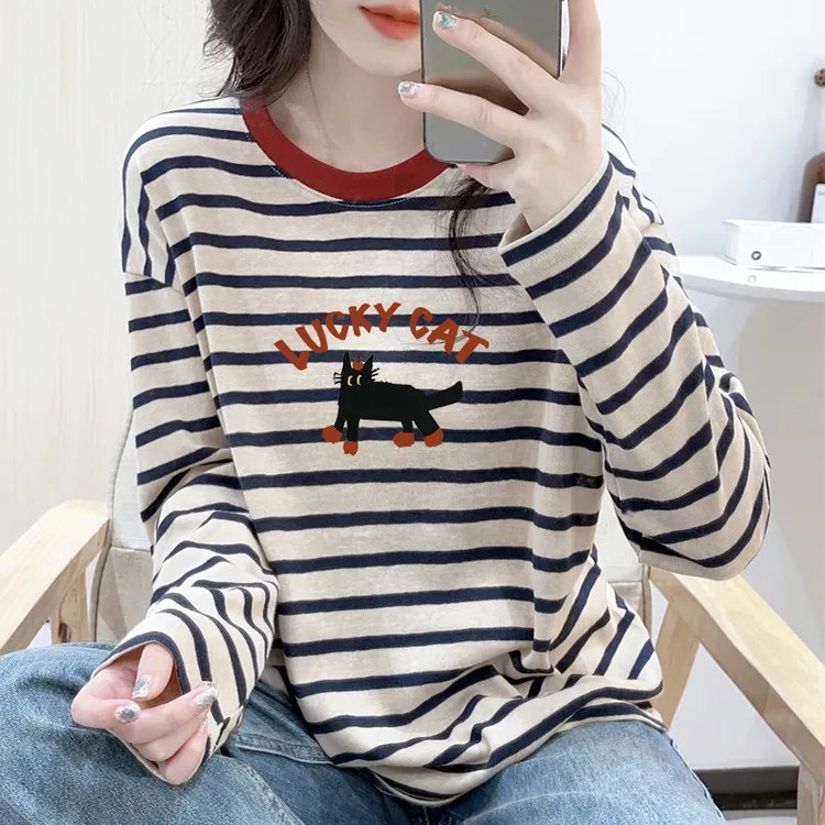 撞色圆领条纹T恤女春秋冬棉质慵懒松弛外穿宽松百搭显瘦长袖上衣