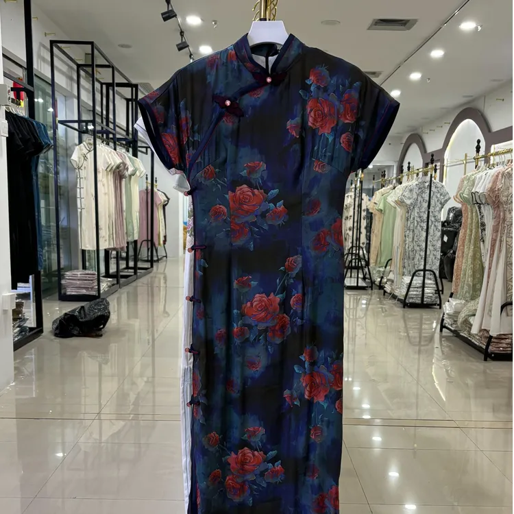 高开衩中长款圆襟时尚桑蚕丝旗袍短袖重磅女士气质提花旗袍