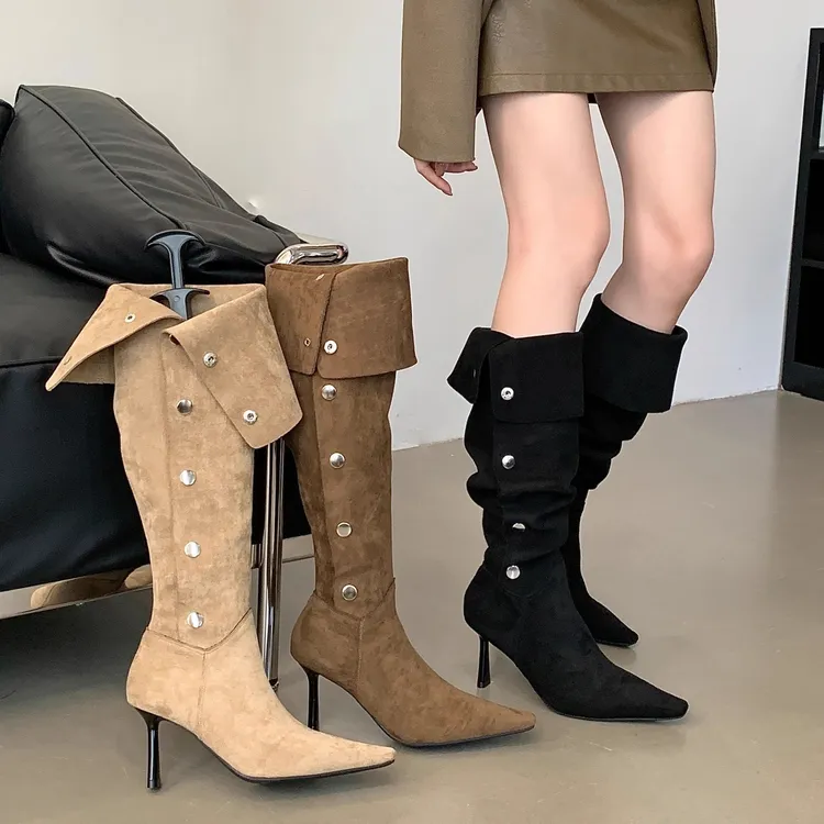2025西部靴一鞋三穿卡尖头细跟高跟过膝长靴女秋季软皮绒面堆堆靴