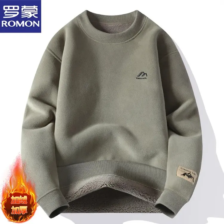 罗蒙冬季加绒加厚圆领打底卫衣男士休闲百搭保暖软糯内搭上衣