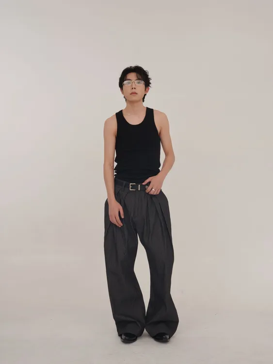 织庭NOIR 三褶条纹半包缝A字原牛西裤男女秋冬季cleanfit弯刀牛仔