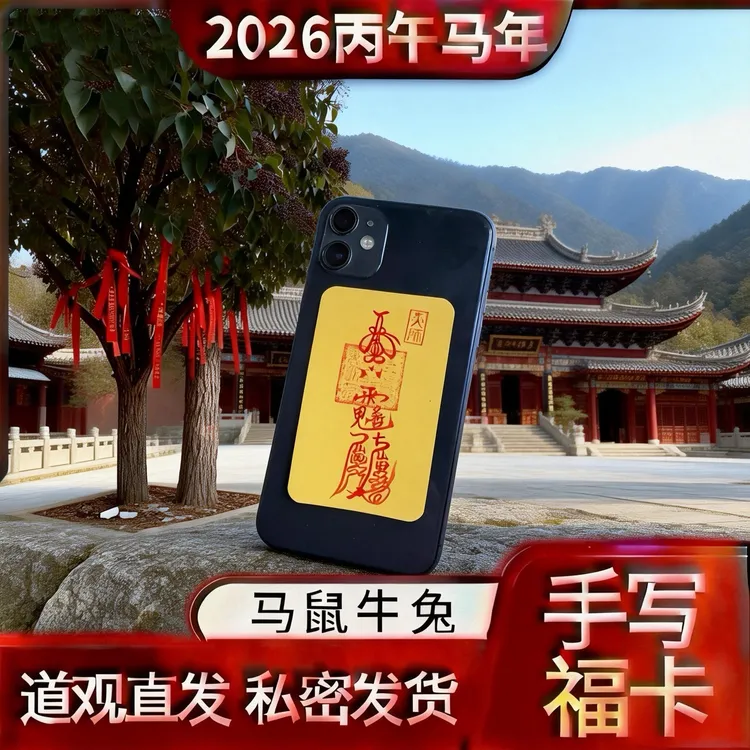 【道观直发】手绘2026马牛鼠兔大岁道系5.4x9CM传统国风手机福卡商品图