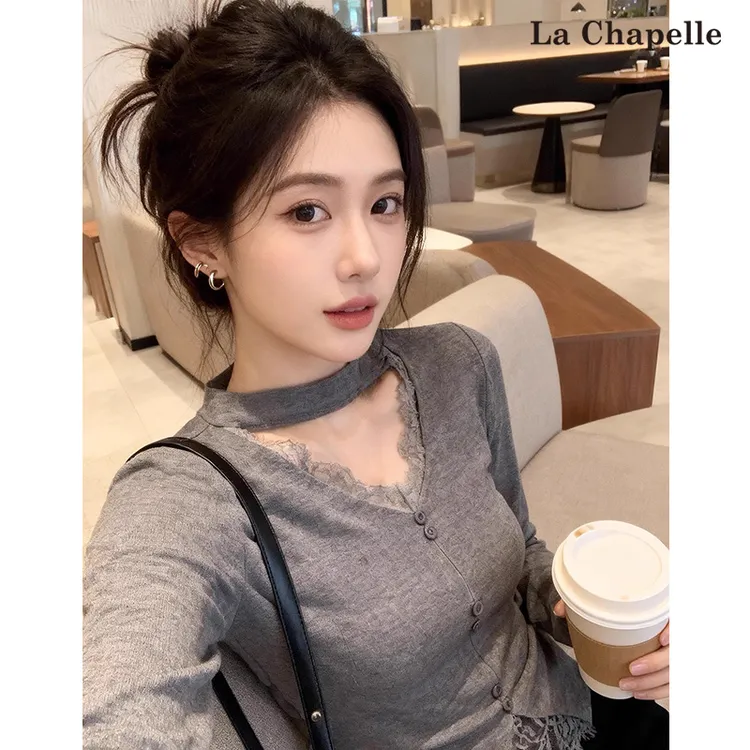 拉夏贝尔V领针织衫女2025秋冬韩系绝美蕾丝边设计感内搭打底毛衣