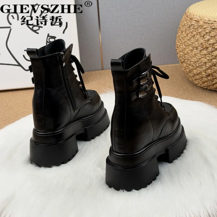 纪诗哲女靴真皮12cm内增高马丁靴女秋冬新款时尚厚底百搭加绒短靴