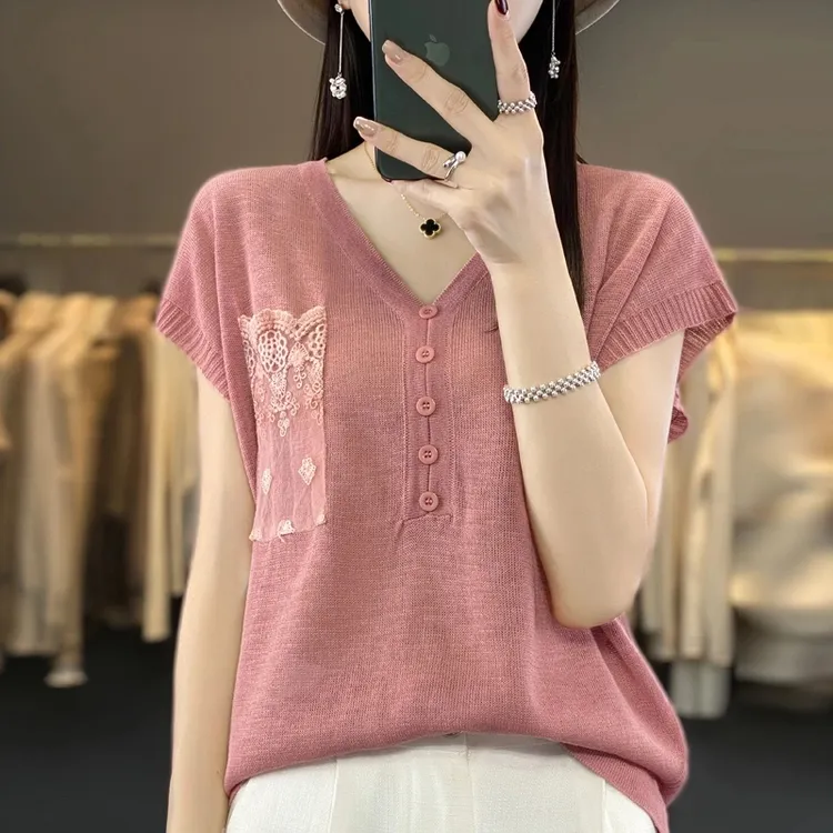夏季V领冰丝针织衫竹节麻短袖女竹节麻薄款洋气打底衫