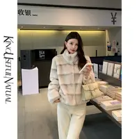 KUN【彼得堡】淡颜天菜 千金横向条纹高密绒毛浅灰色加厚环保草外套