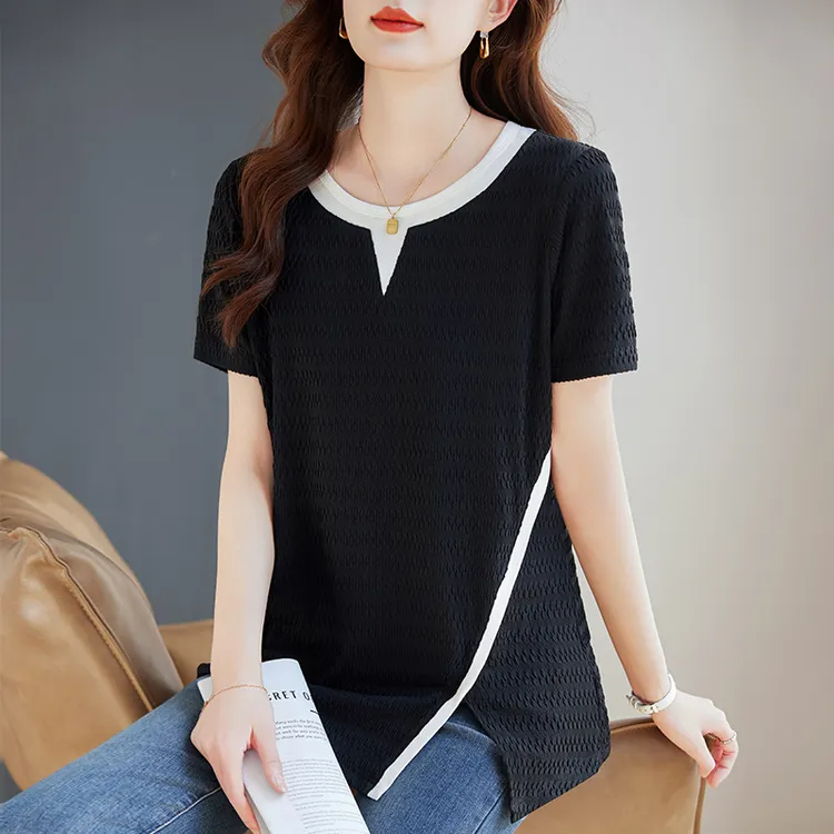 提花短袖t恤衫夏季2025新款大码女装下摆开叉圆领上衣时尚百搭