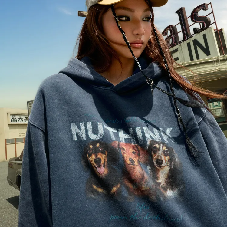 Nuthink美式复古腊肠狗小狗印花连帽卫衣嘻哈宽松男女2025秋新款