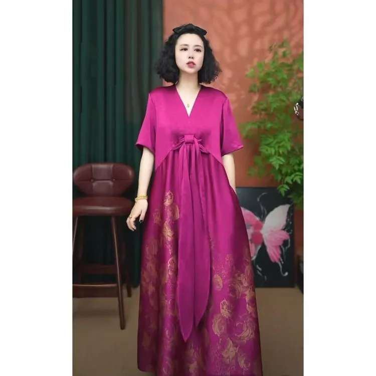 时尚连衣裙气质女夏季新款妈妈洋气宽松遮肉显瘦裙子长款过膝裙子