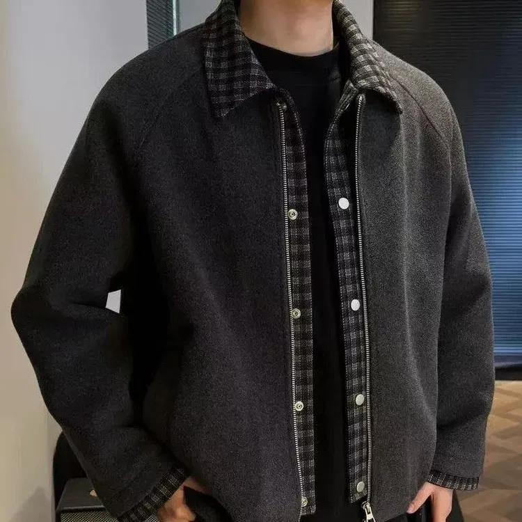 冬季男士美式潮流假两件拼接翻领夹克轻奢时尚简约高级感外套上衣