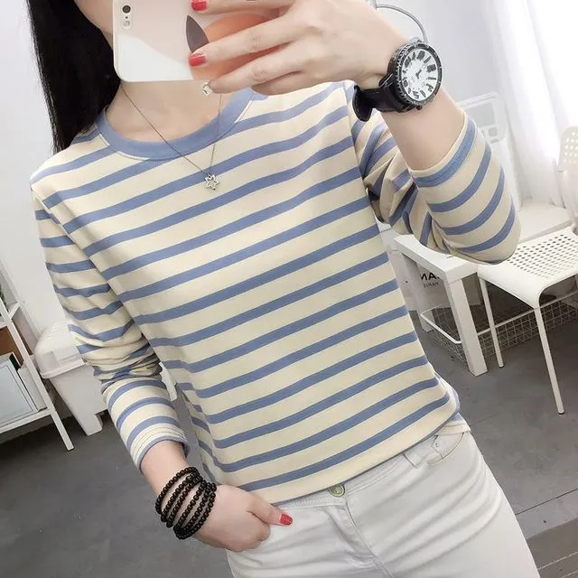 2025新款棉长袖T恤女早秋装上衣服宽松大尺码条纹秋衣打底衫外
