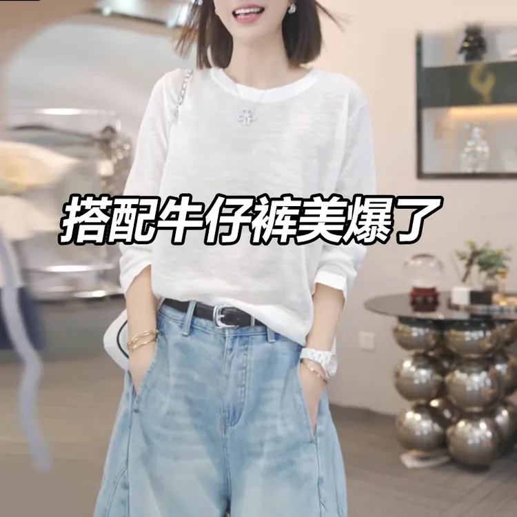 春秋雪花棉白色t恤女装新款圆领宽松显瘦棉麻透气打底衫长袖上衣