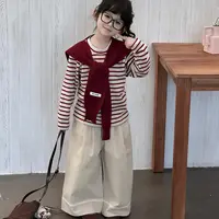 2025女童秋季百搭条纹长袖上衣洋气毛线披肩韩版休闲阔腿裤三件套